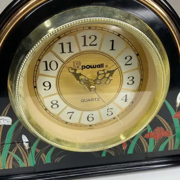 Vintage 70s R. Powell Asian Flowers Mantel Clock w/ Drawers - Picture 2 of 8